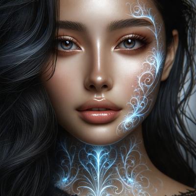 The primary subject of the image is a woman with blue and purple hair, featuring a blue and purple design on her face. The setting is a digital artwork, showcasing the woman's unique and artistic appearance. The visual style is a combination of digital art and illustration, creating a vibrant and eye-catching image. The colors and mood of the image are predominantly blue and purple, giving it a cool and creative atmosphere.
